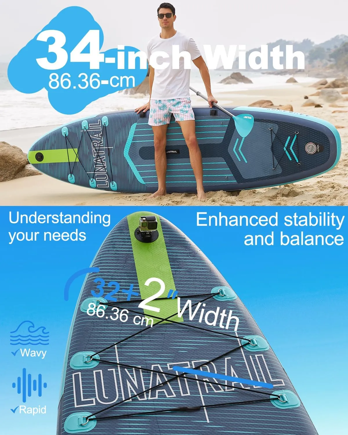 11'34" Extra Long/Extra Wide Premium Inflatable Stand Up Paddle Board (SUP)  Portable & Lightweight for Yoga, Surfing, Family Fun | Complete Kit with Paddle, Pump, Bag | Durable Design