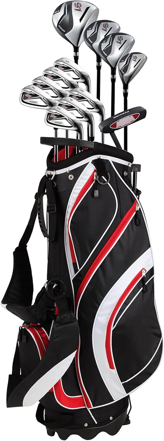 18 Piece Complete Mens Golf Club Set with Titanium Driver, #3 & #5 Fairway Woods, #4 Hybrid, 5-SW Irons, Putter, Stand Bag, 4 H/C's, Mens Golf Clubs Full Set Right Handed