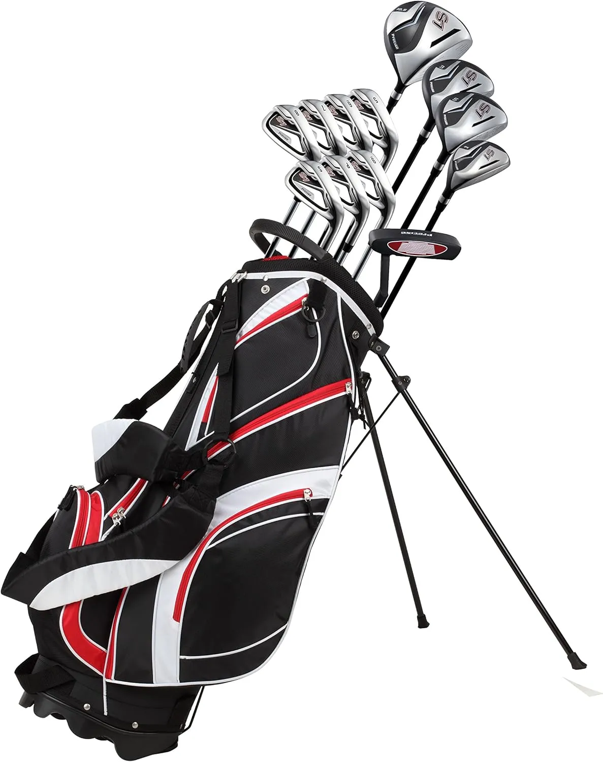 18 Piece Complete Mens Golf Club Set with Titanium Driver, #3 & #5 Fairway Woods, #4 Hybrid, 5-SW Irons, Putter, Stand Bag, 4 H/C's, Mens Golf Clubs Full Set Right Handed