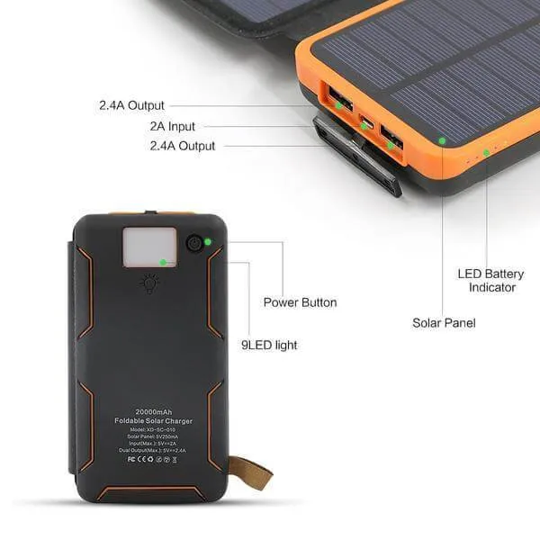 20000mAh Solar Power Bank With LED Flashlight Rainproof Dustproof Shockproof