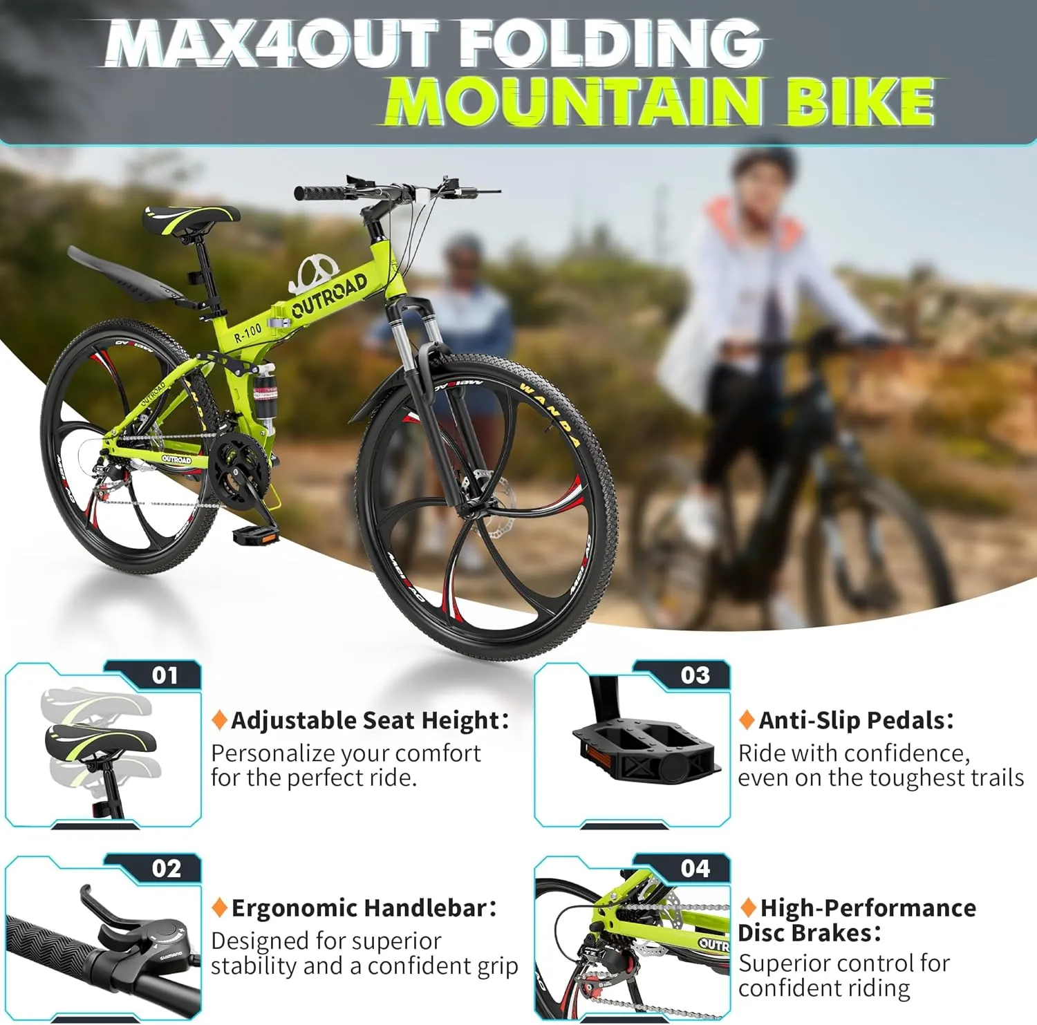 26 Inch Folding Mountain Bike, 21 Speed Full Suspension Bicycle with High-Carbon Steel, Dual Disc Brake Non-Slip Quick Release tire Folding Bicycle for Adults/Men/Women