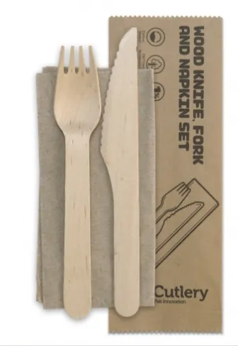 BioPak Wooden Knife, Fork & Napkin Set, 160mm, 400 carton [HY-16KFN]