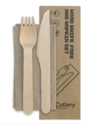 BioPak Wooden Knife, Fork & Napkin Set, 160mm, 400 carton [HY-16KFN]