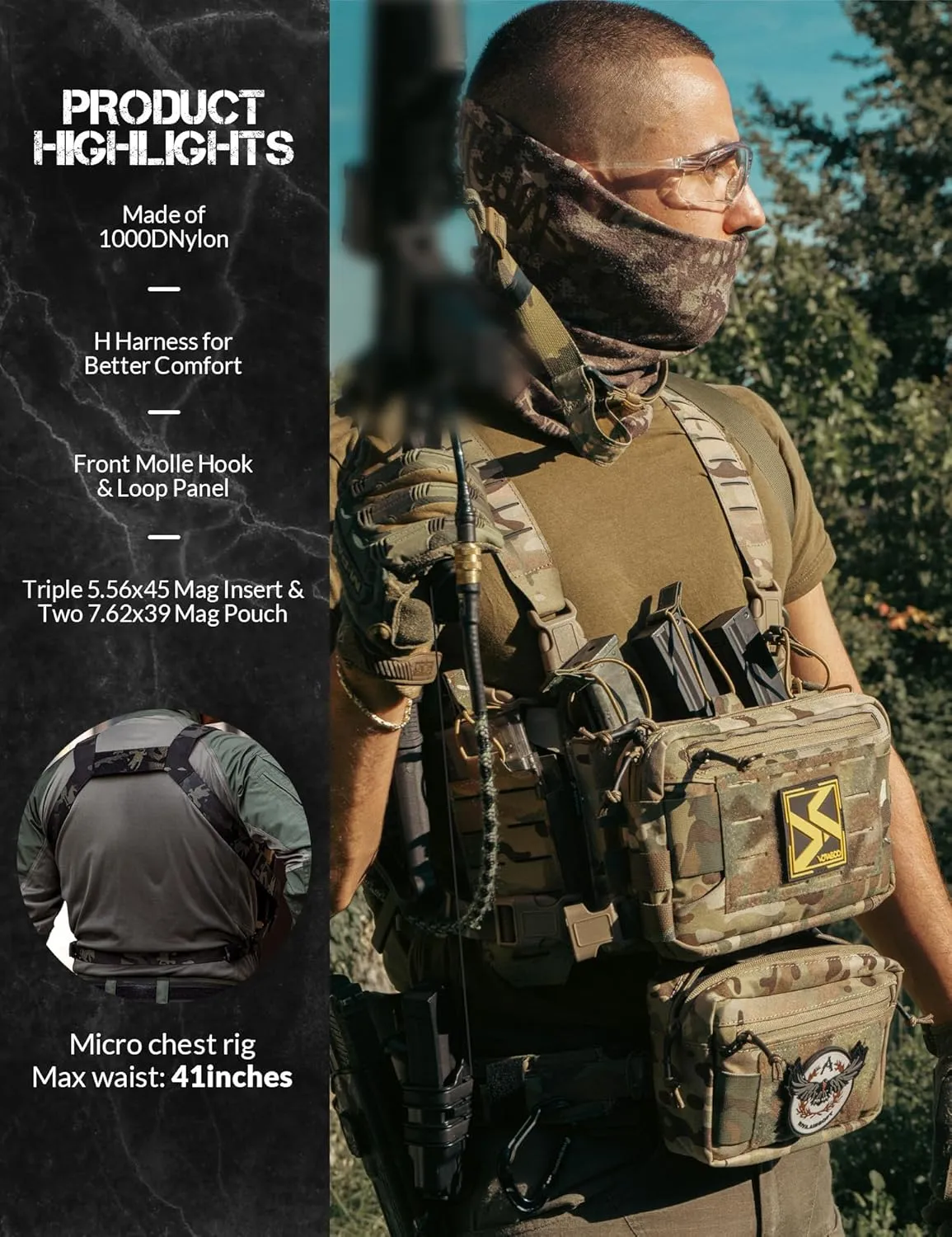 Chest Rig-Tactical Chest RigMolle Modular Micro Fight Chest Rigs Adjustable&Detachable with 5.56/7.62 Magazine Pouch