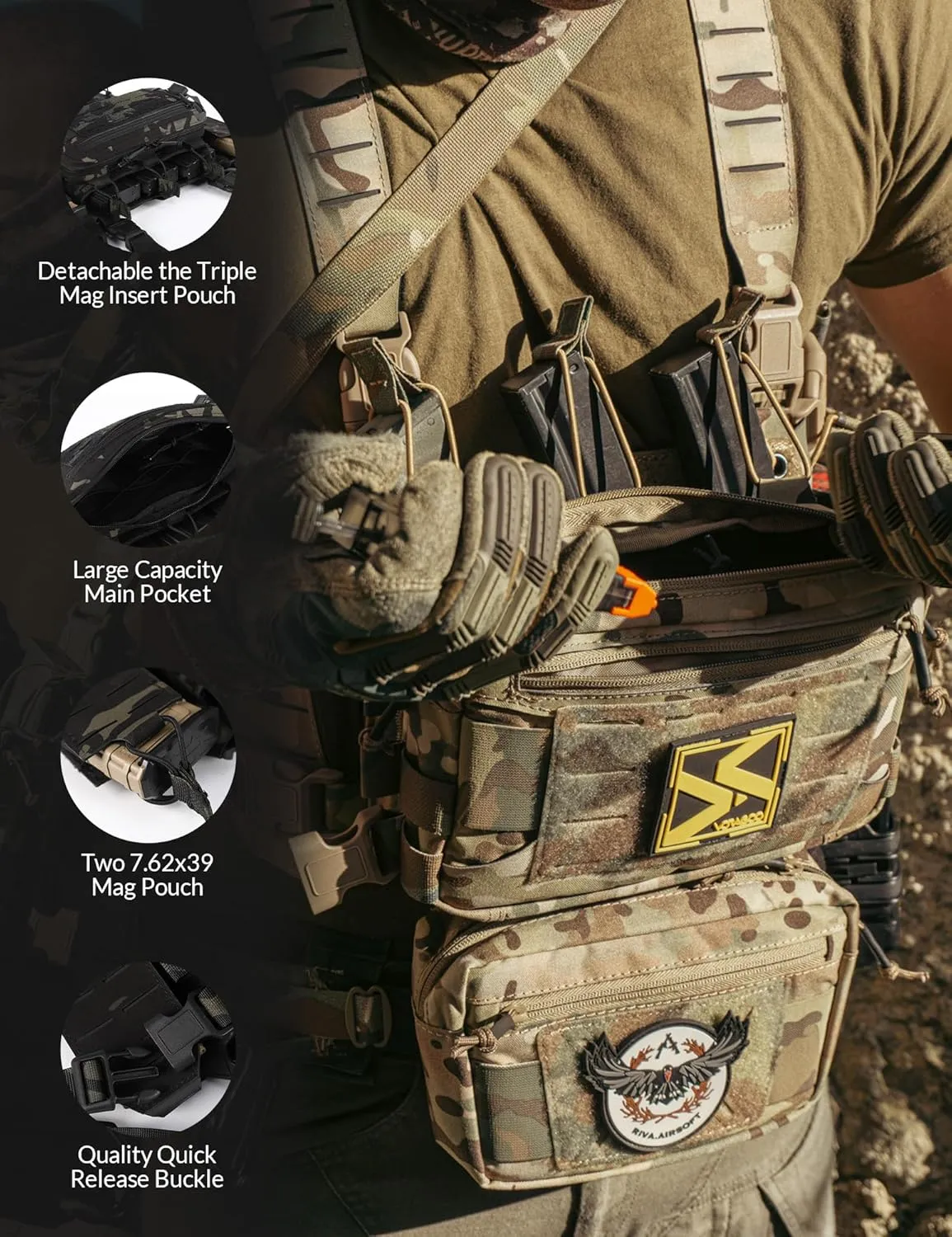 Chest Rig-Tactical Chest RigMolle Modular Micro Fight Chest Rigs Adjustable&Detachable with 5.56/7.62 Magazine Pouch