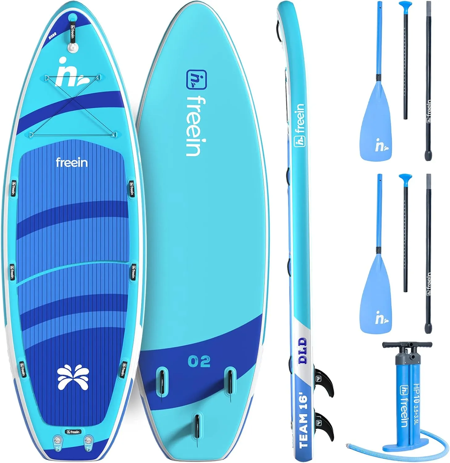 Freein 14/15/16 Inflatable Team SUP, Extra Large Stand Up Paddle Board for Multi Person, Dual-action Hand Pump, Adjustable Paddle, Complete Kit