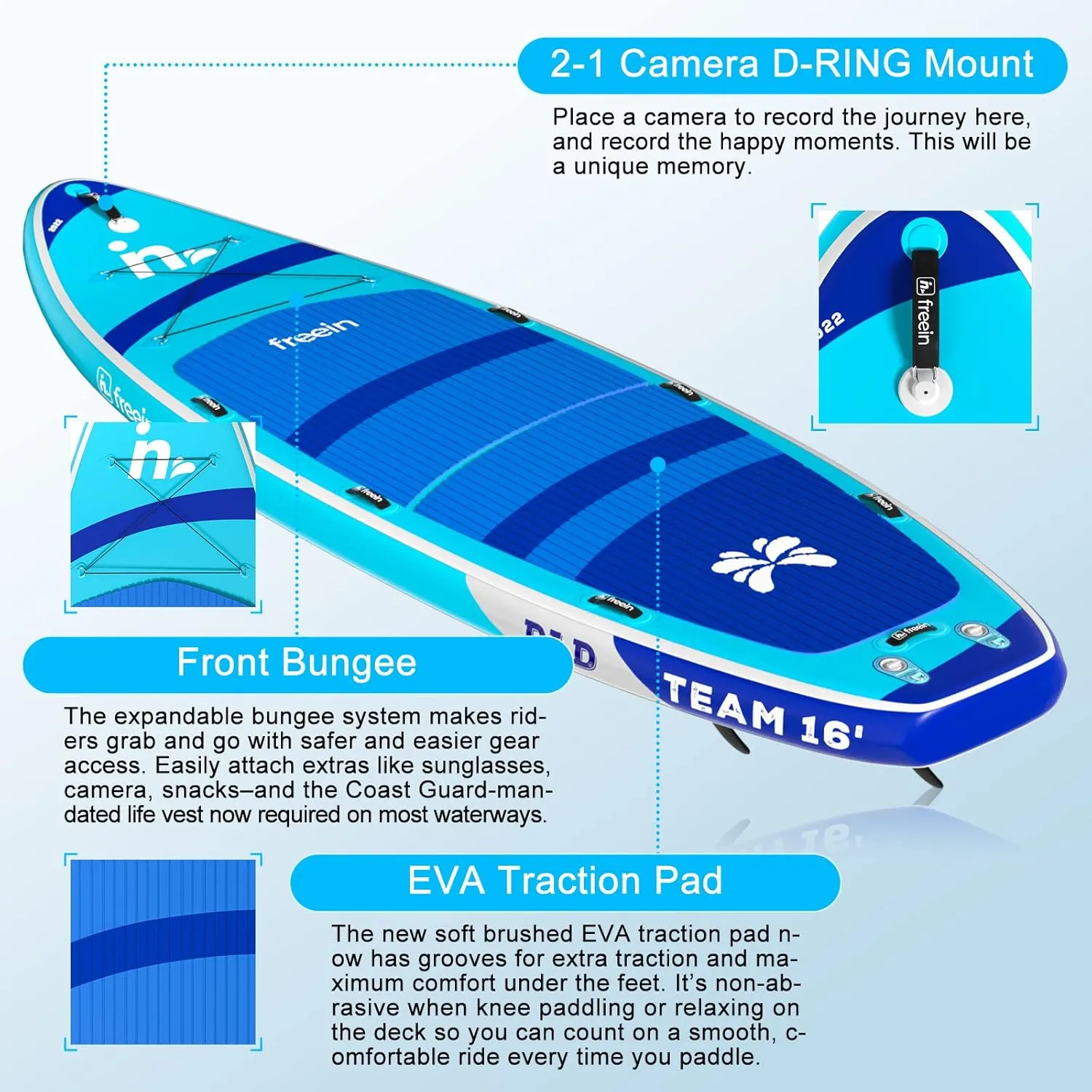 Freein 14/15/16 Inflatable Team SUP, Extra Large Stand Up Paddle Board for Multi Person, Dual-action Hand Pump, Adjustable Paddle, Complete Kit