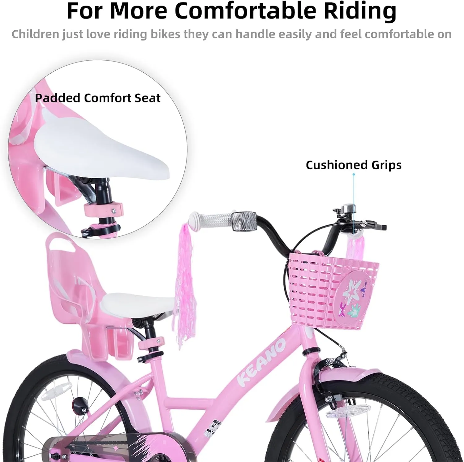 KEANO Zinnia Kids Bike for Girls Ages 3-10 Years, 14 16 20 Inch Girls' Bikes with Doll Seat, Streamers and Basket, Children Bicycles