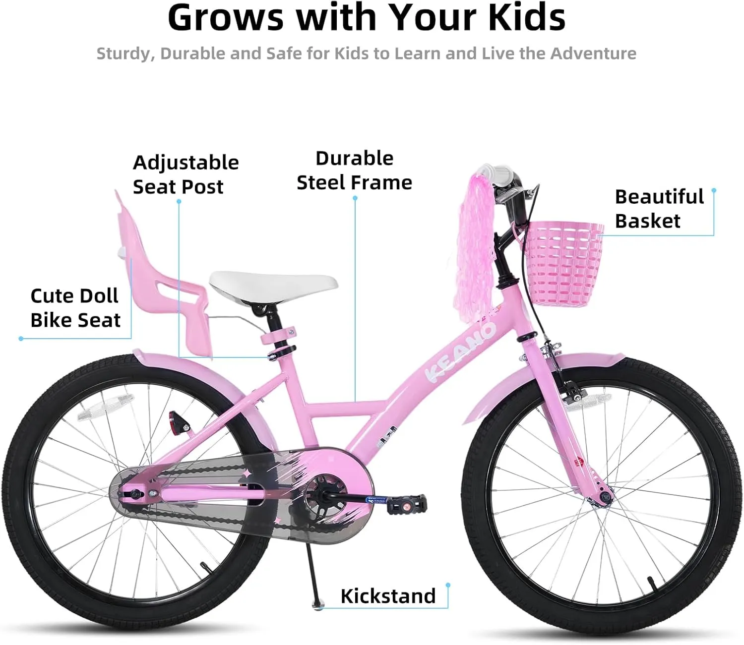 KEANO Zinnia Kids Bike for Girls Ages 3-10 Years, 14 16 20 Inch Girls' Bikes with Doll Seat, Streamers and Basket, Children Bicycles