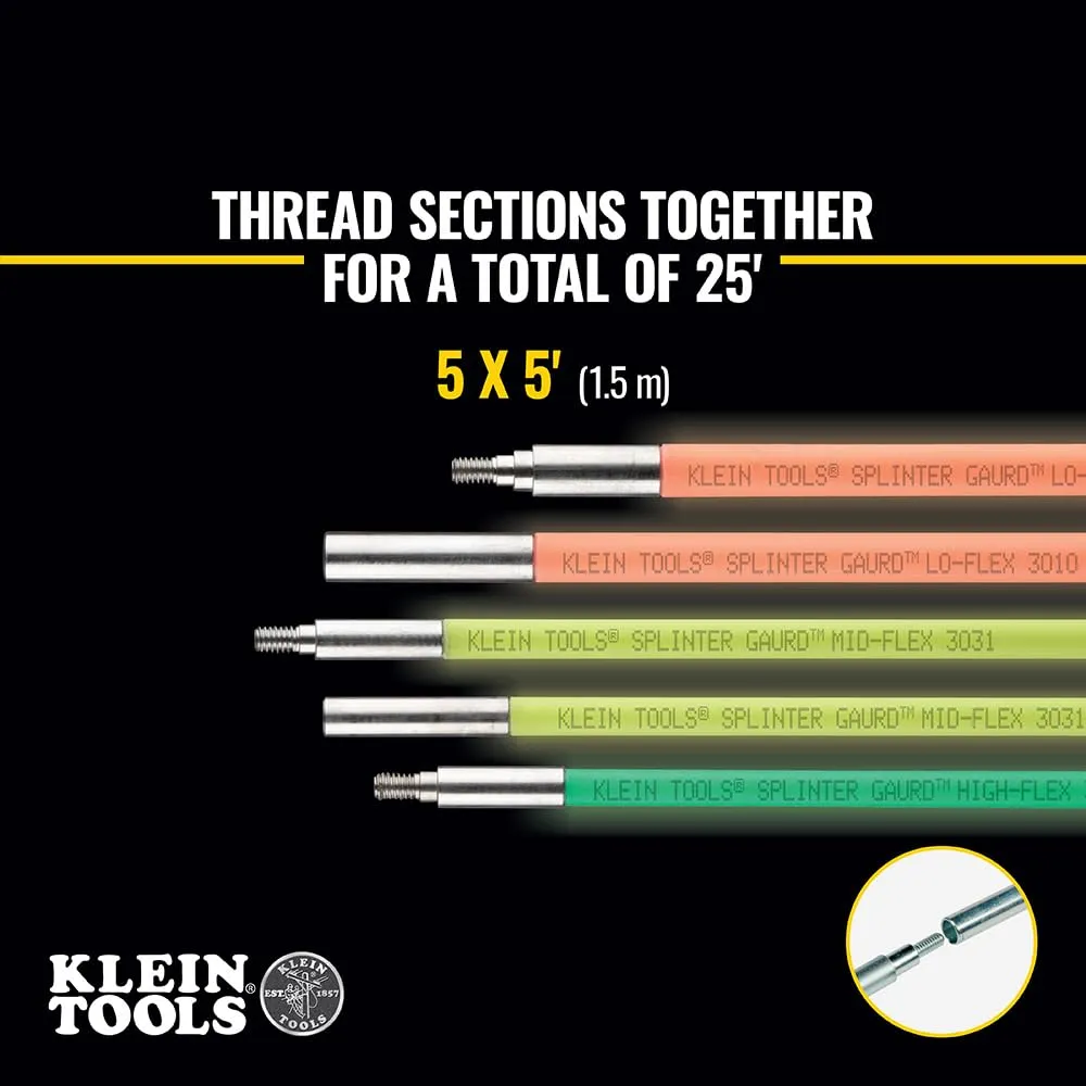 Klein Tools 50254 Multi-Flex Glow Fish Rod with Splinter Guard Coating, (5) Fish Rods with Bullet Nose, Magnet, Chain Attachments, 25-Foot