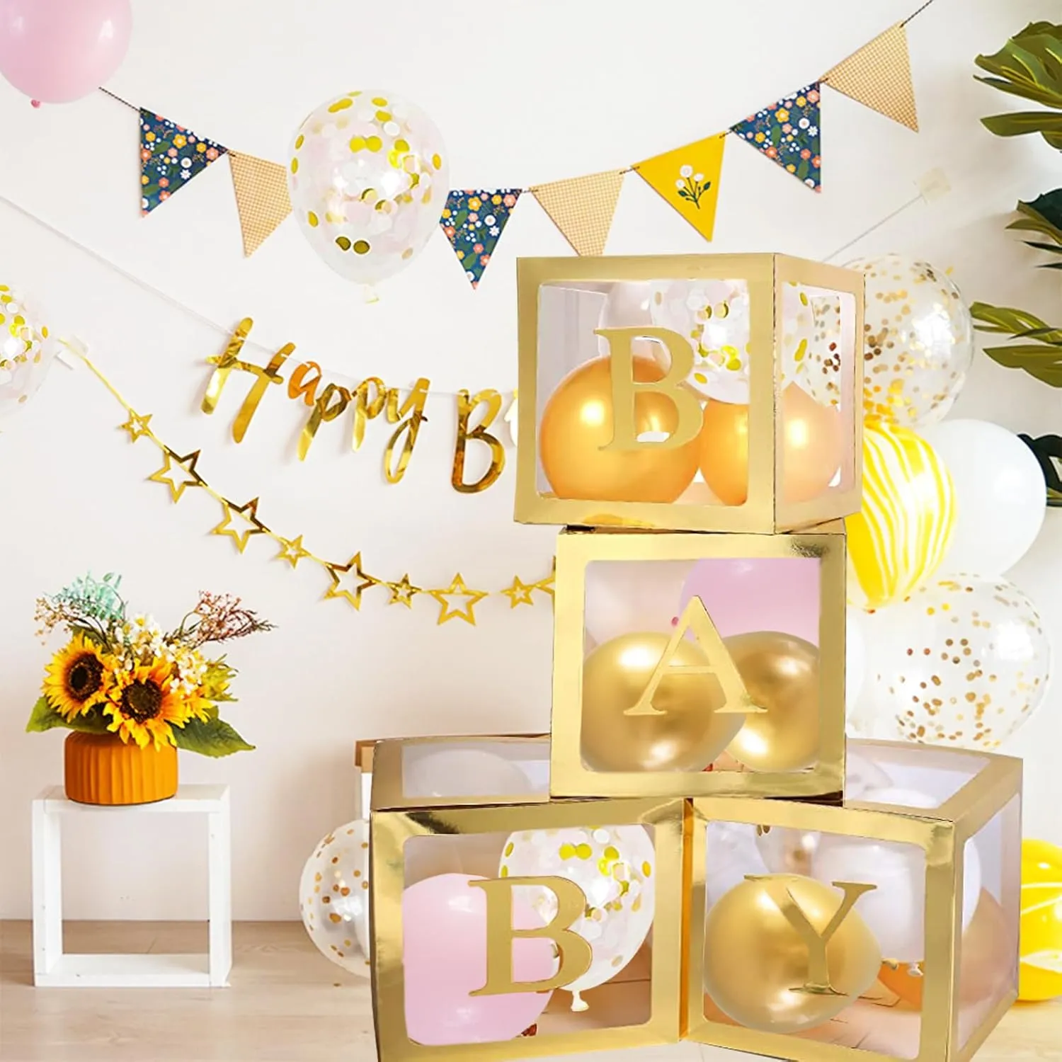 Ledido Gold Baby Boxes with Letters for Baby Shower, 4Pcs Clear Balloon Boxes with 43 Letters for Gender Reveal Birthday Wedding Baby Shower Decorations