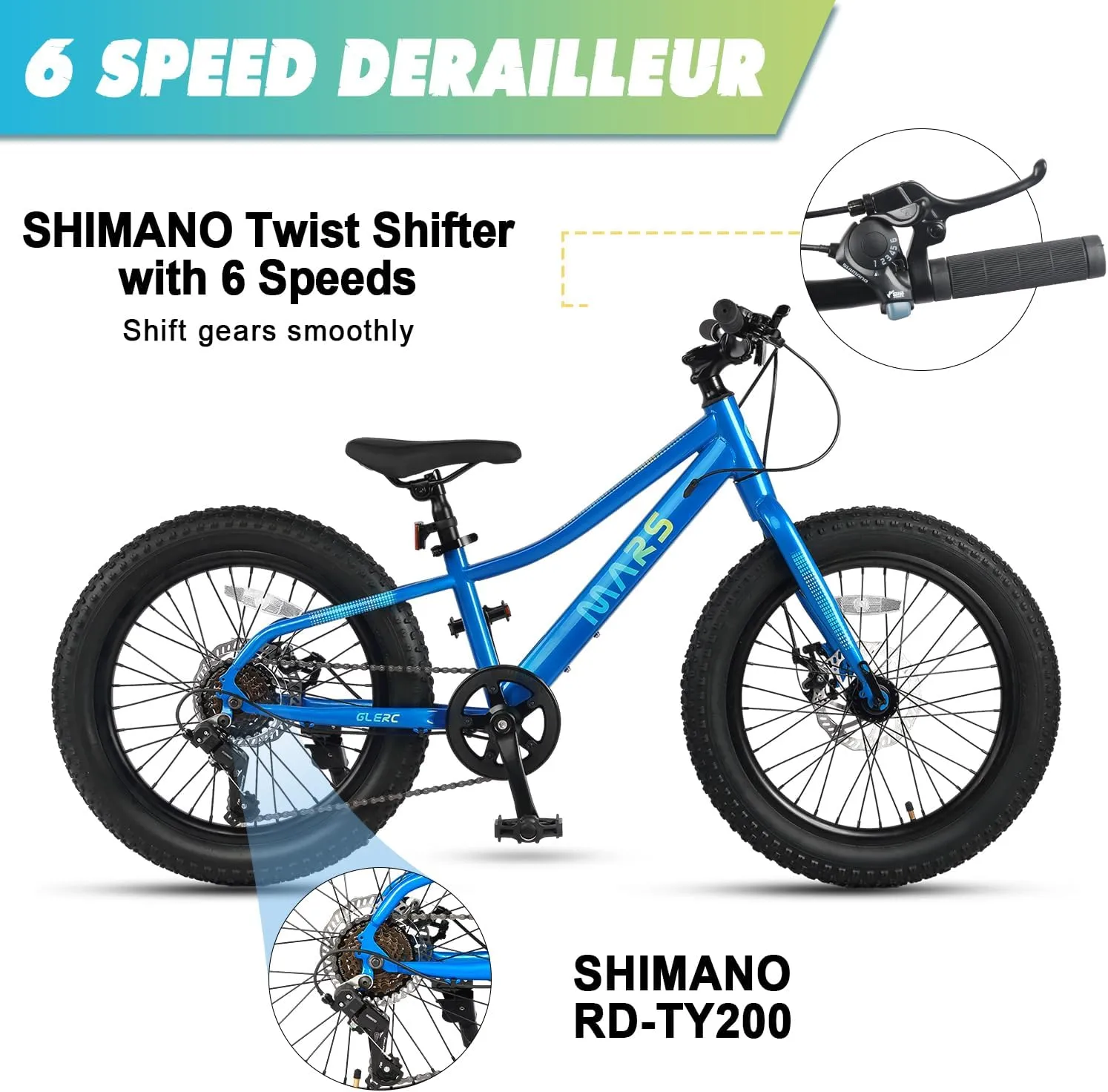 Mars Kids Mountain Bike, 20 24 Inch Fat Tire Bike for Teen Ages 6-14 Year Old, Bicycle with 2.8-Inch Wide Tires and 6 Speed Drivetrain, Multiple Colors