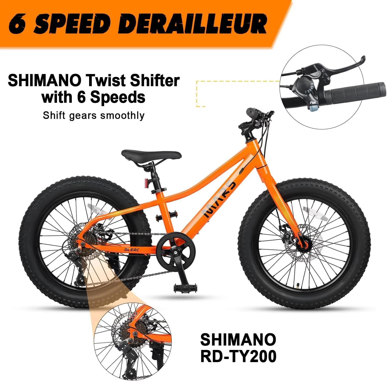 Mars Kids Mountain Bike, 20 24 Inch Fat Tire Bike for Teen Ages 6-14 Year Old, Bicycle with 2.8-Inch Wide Tires and 6 Speed Drivetrain, Multiple Colors