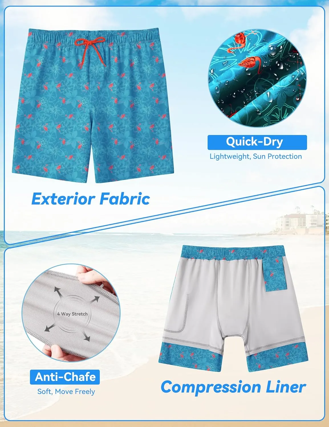 Mens Swim Trunks with Compression Liner 8 inch Quick-Dry Lightweight 2 in 1 Board Shorts 4-Way Stretch UPF 50 
