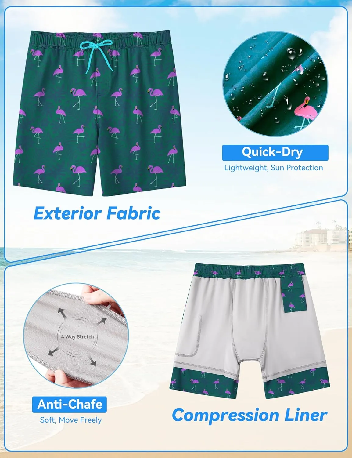 Mens Swim Trunks with Compression Liner 8 inch Quick-Dry Lightweight 2 in 1 Board Shorts 4-Way Stretch UPF 50 