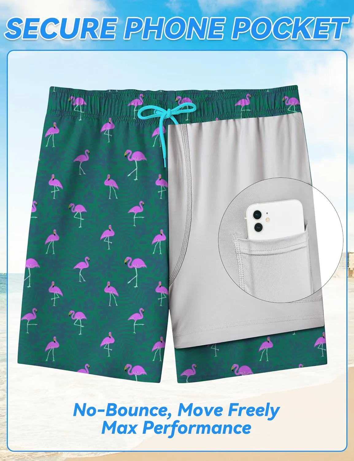 Mens Swim Trunks with Compression Liner 8 inch Quick-Dry Lightweight 2 in 1 Board Shorts 4-Way Stretch UPF 50 