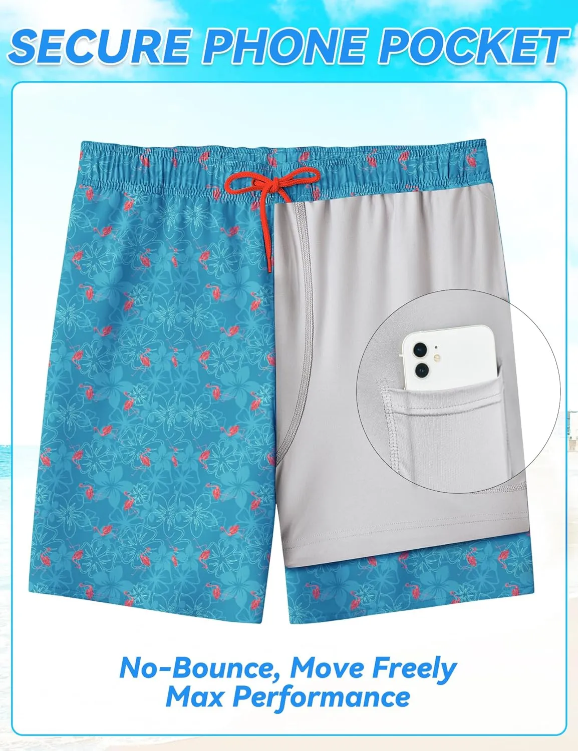 Mens Swim Trunks with Compression Liner 8 inch Quick-Dry Lightweight 2 in 1 Board Shorts 4-Way Stretch UPF 50 