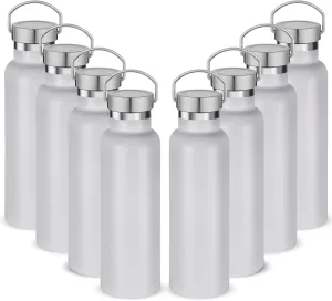 Neihepal 20 oz Insulated Water Bottles Bulk 8 Pack,Stainless Steel Double Wall Sport Bottle with Lid of Handle,Metal Reusable Flask with Cup Cap for School,Hikers,Gift (White,Set of 8)