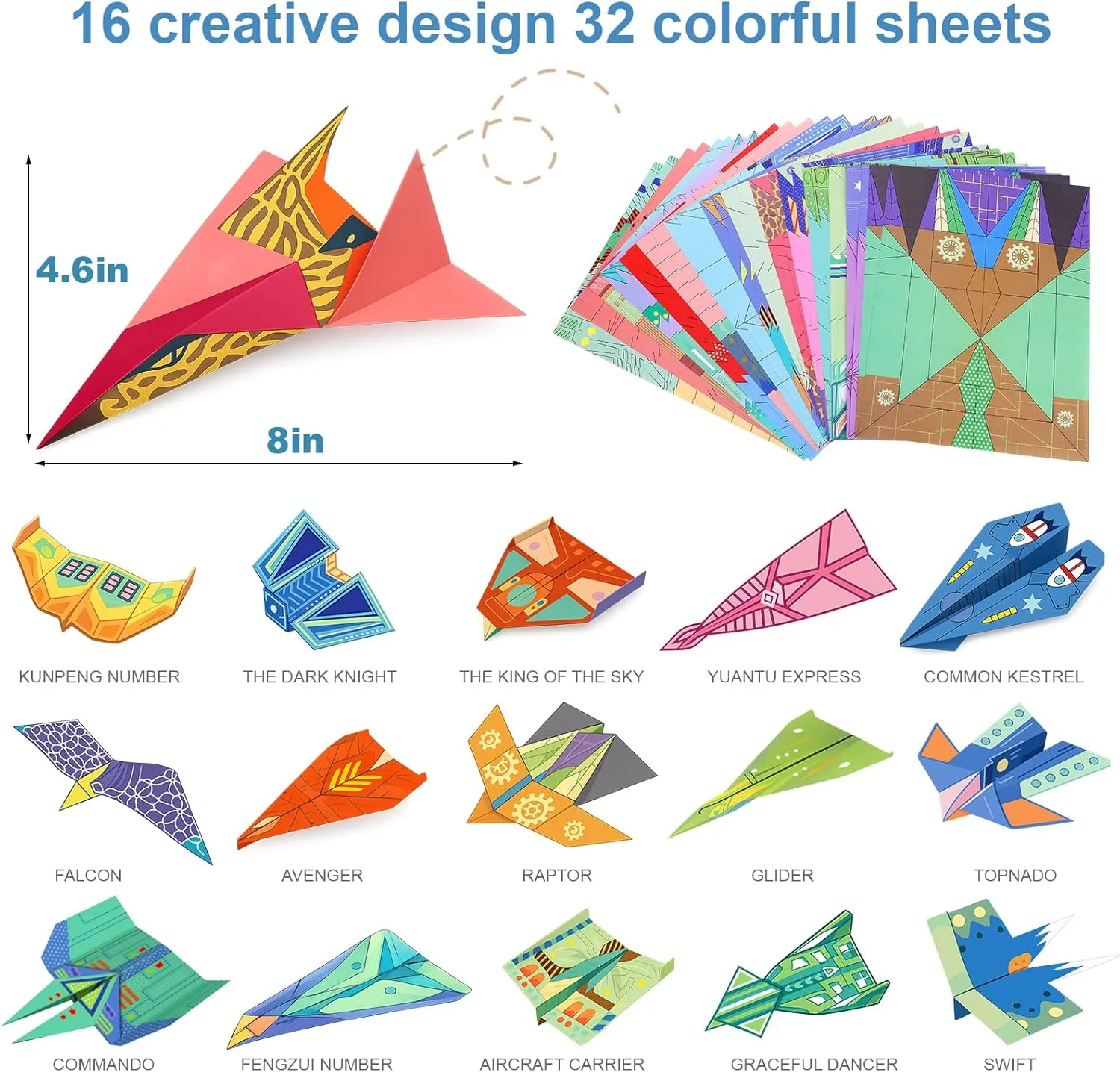 Palksky Paper Airplane Kit, Origami Kit for Kids Ages 6-12, 16 Creative Design Paper Planes Book 32 Sheets for Boys Birthday Gift
