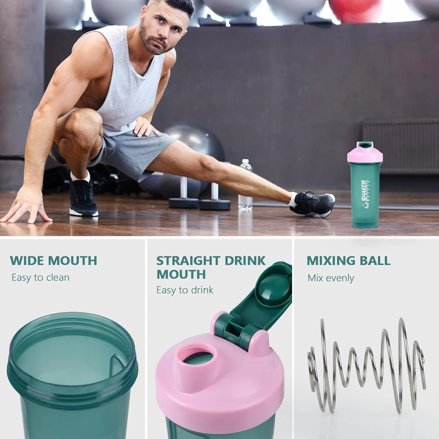 Protein Shaker Bottle 24oz- Leak- Proof GYM Shaker Cup with Handle and Mixing Ball Effortlessly Blend Drinks, Stay Hydrated During Workouts - BPA Free (GREEN)
