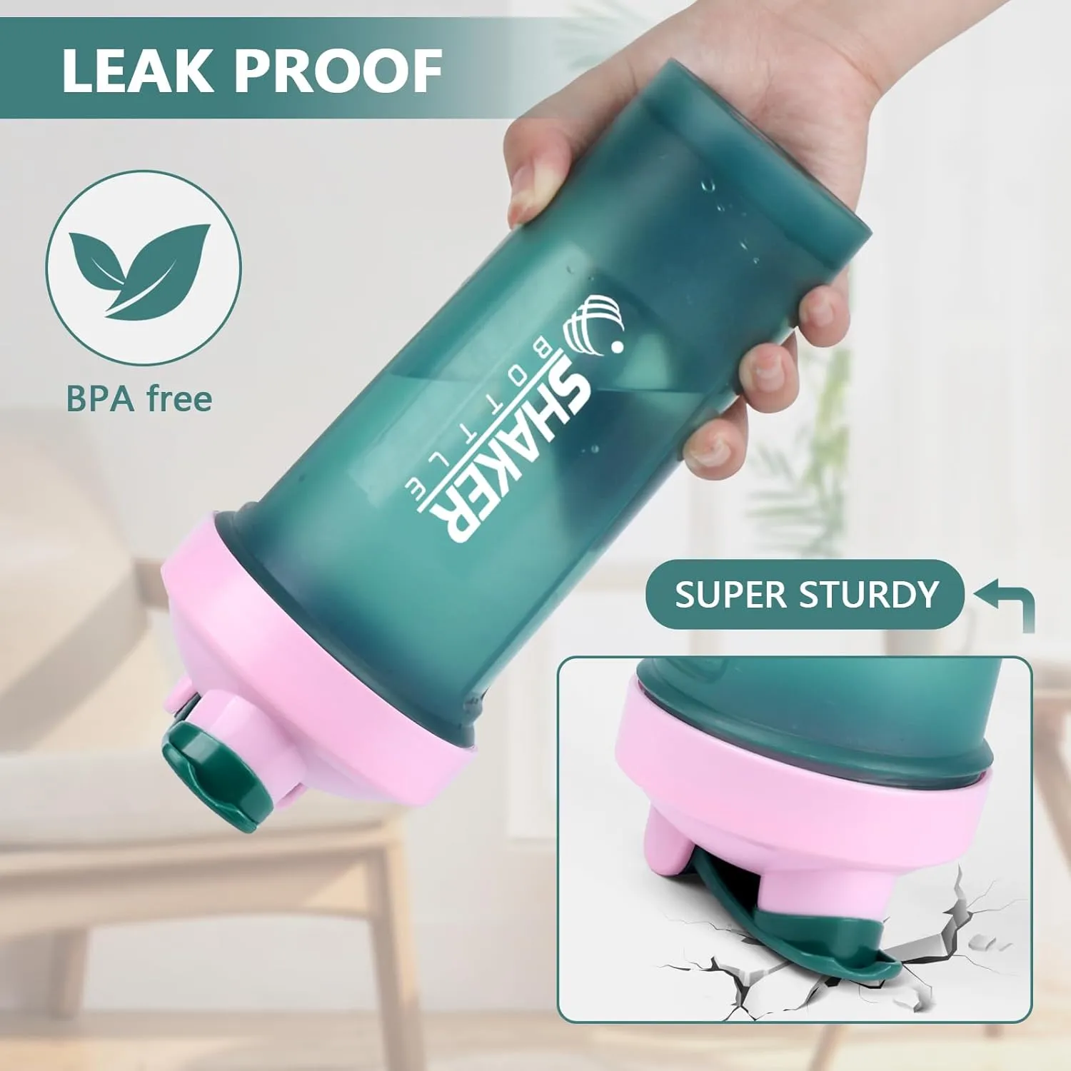 Protein Shaker Bottle 24oz- Leak- Proof GYM Shaker Cup with Handle and Mixing Ball Effortlessly Blend Drinks, Stay Hydrated During Workouts - BPA Free (GREEN)