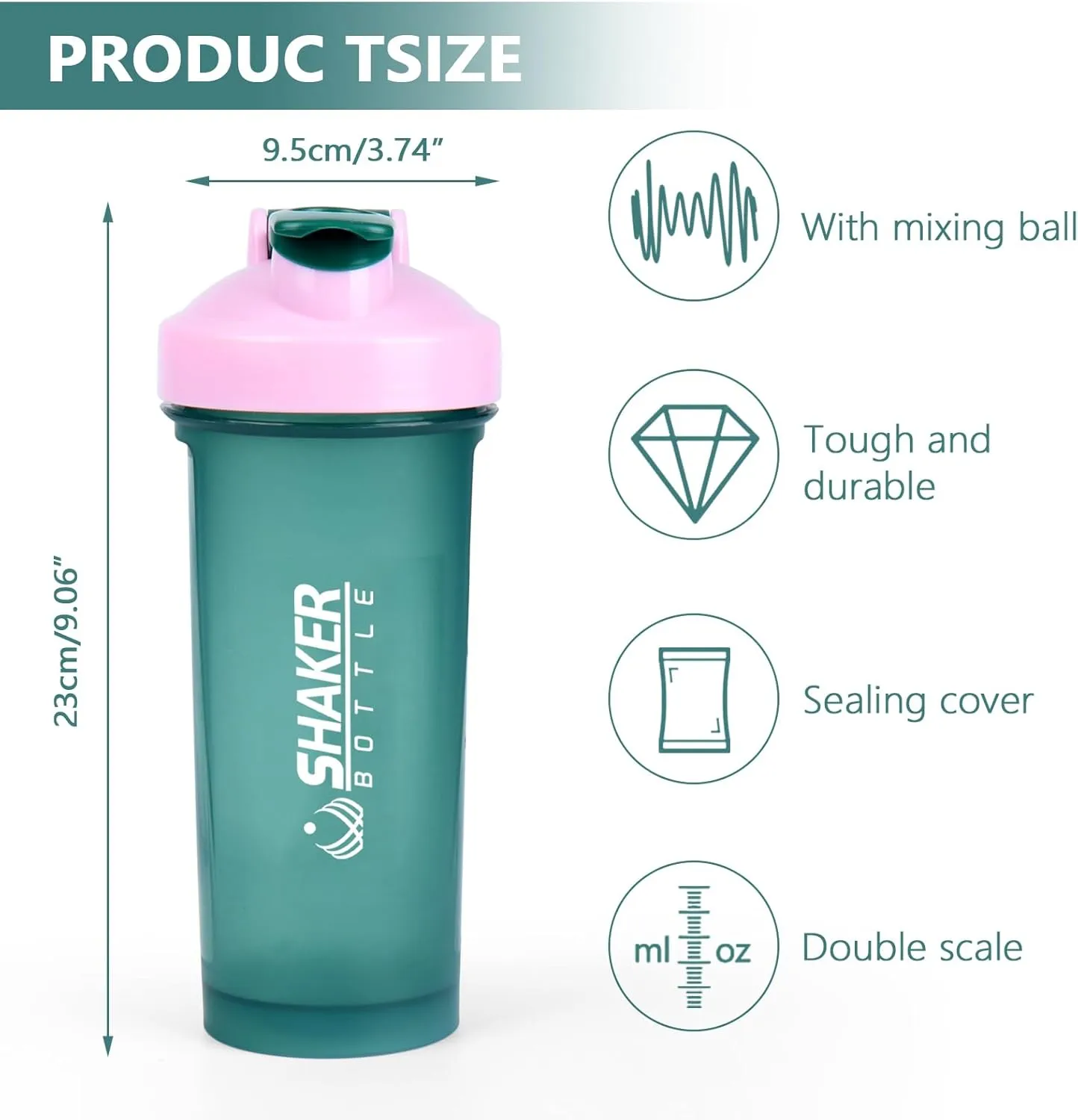 Protein Shaker Bottle 24oz- Leak- Proof GYM Shaker Cup with Handle and Mixing Ball Effortlessly Blend Drinks, Stay Hydrated During Workouts - BPA Free (GREEN)