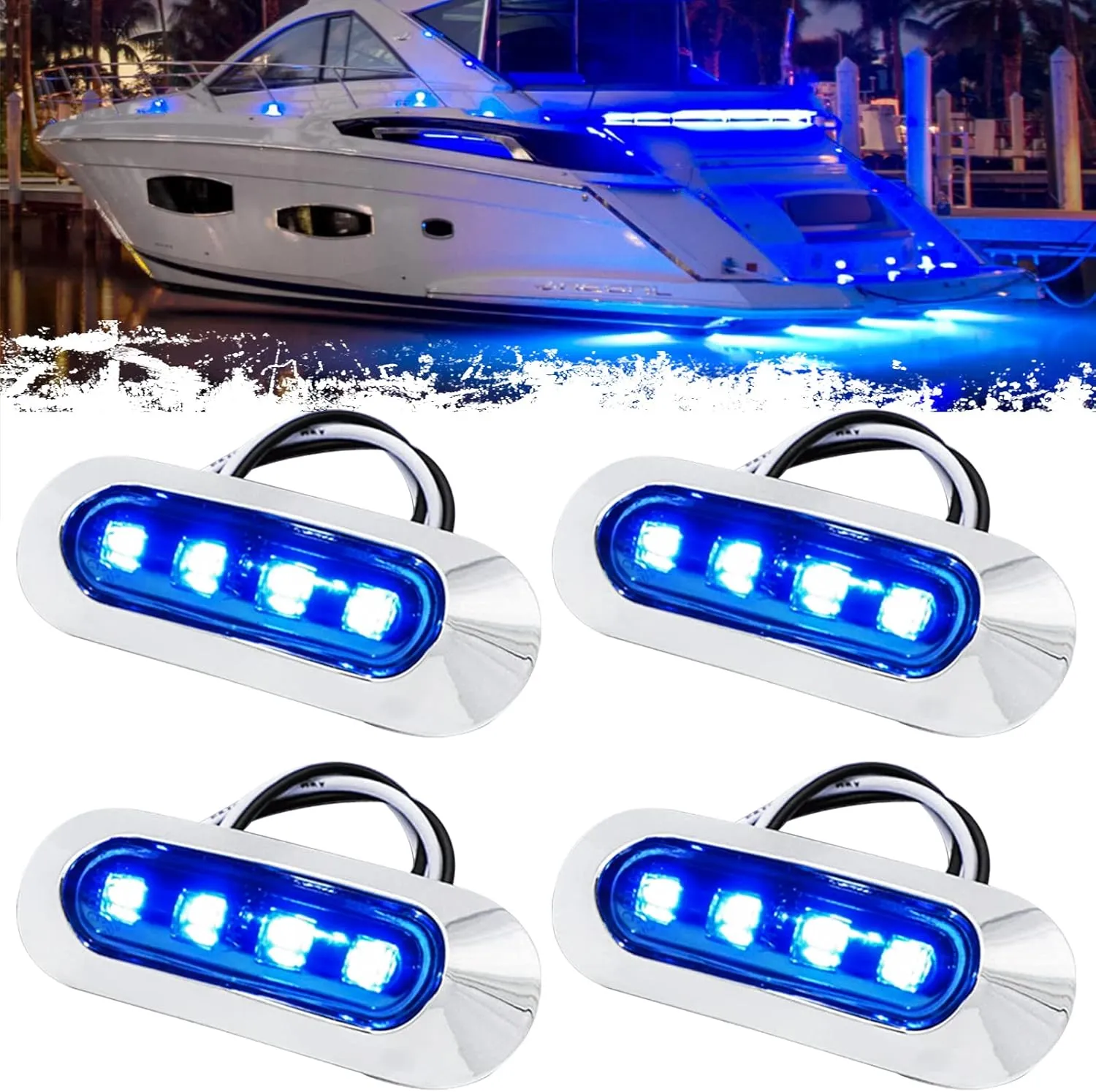 PSEQT 3.8'' Waterproof LED Lights - Courtesy, Interior, Deck, Navigation, Transom, Stern, Cabin Lighting for Pontoon, Fishing Boat, Kayak, Sailboat, Bass Boat - 12V/24V (Blue, 4Pcs)