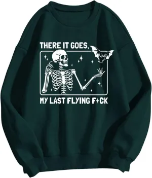 SHENHE Women's Oversized Graphic Skeleton Bat Print Crewneck Funny Halloween Sweatshirt