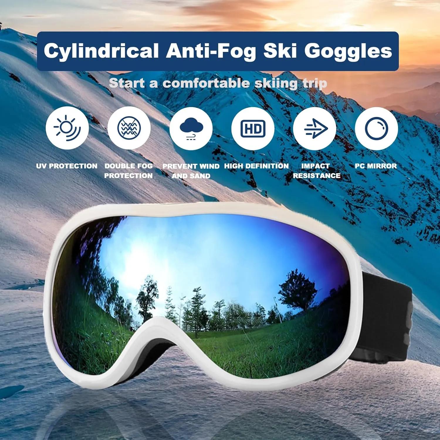 Ski Goggles, Snow Goggles, Anti Fog Snow Goggles, Wide Panoramic View, Anti-Fog Lens, for Skiing and Snowboarding