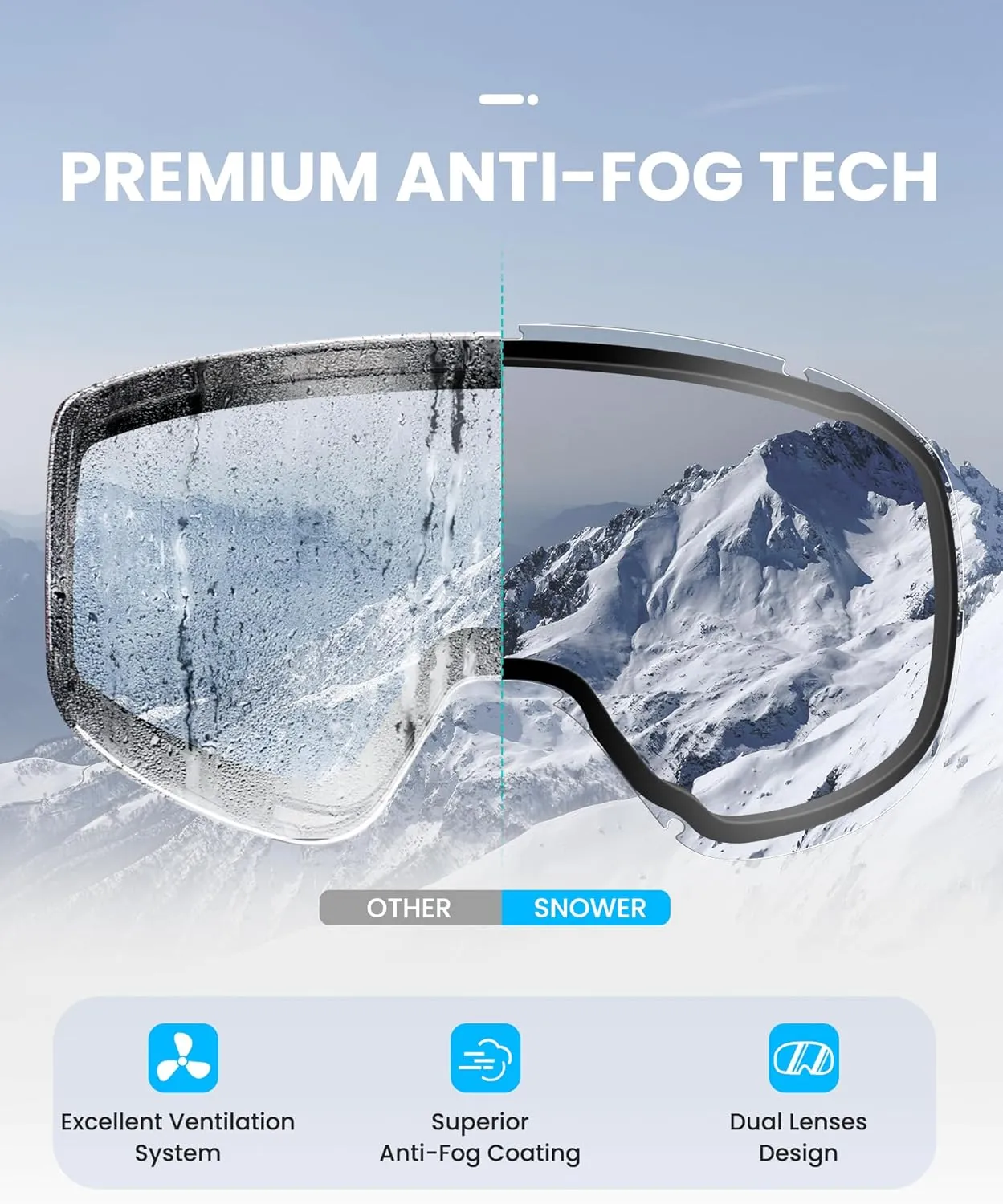 SNOWER Ski Goggles, Spherical OTG Anti-Fog Snow Goggles, HD Snowboard Goggles with UV400 Protection for Men, Women, and Youth