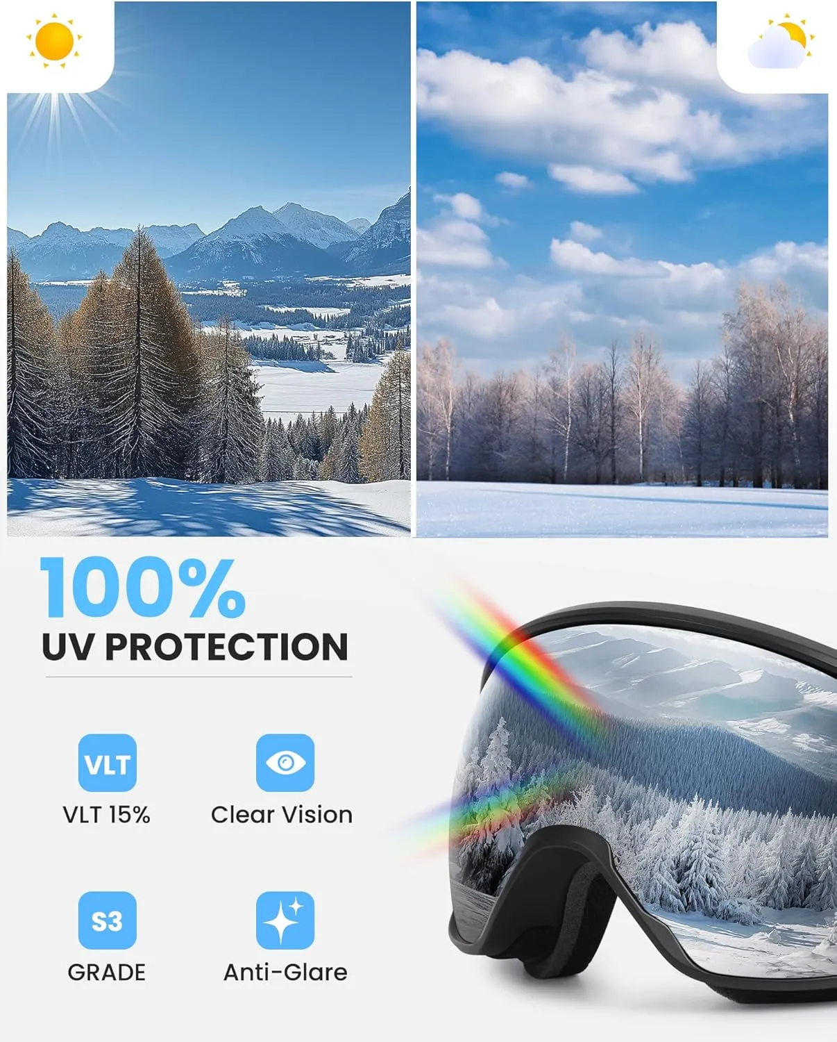 SNOWER Ski Goggles, Spherical OTG Anti-Fog Snow Goggles, HD Snowboard Goggles with UV400 Protection for Men, Women, and Youth