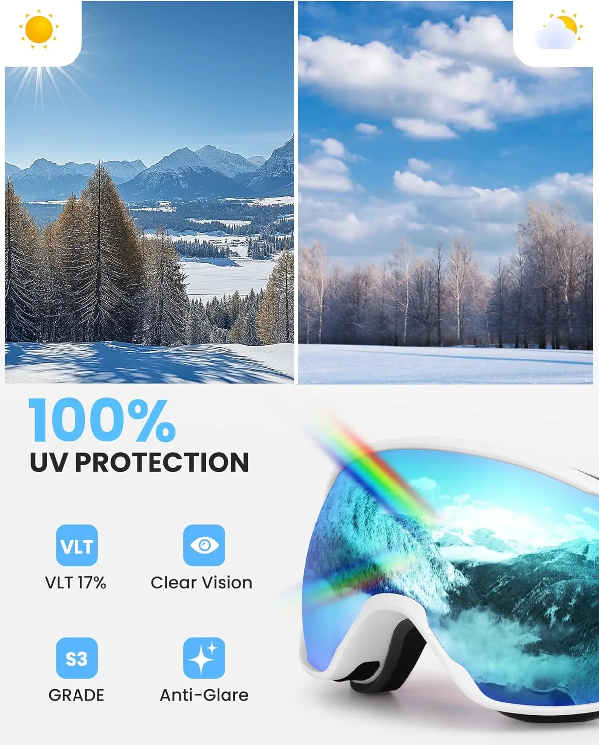 SNOWER Ski Goggles, Spherical OTG Anti-Fog Snow Goggles, HD Snowboard Goggles with UV400 Protection for Men, Women, and Youth