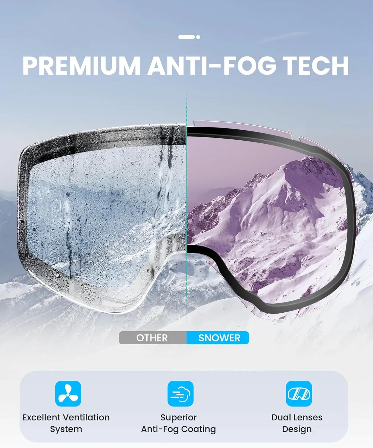 SNOWER Ski Goggles, Spherical OTG Anti-Fog Snow Goggles, HD Snowboard Goggles with UV400 Protection for Men, Women, and Youth