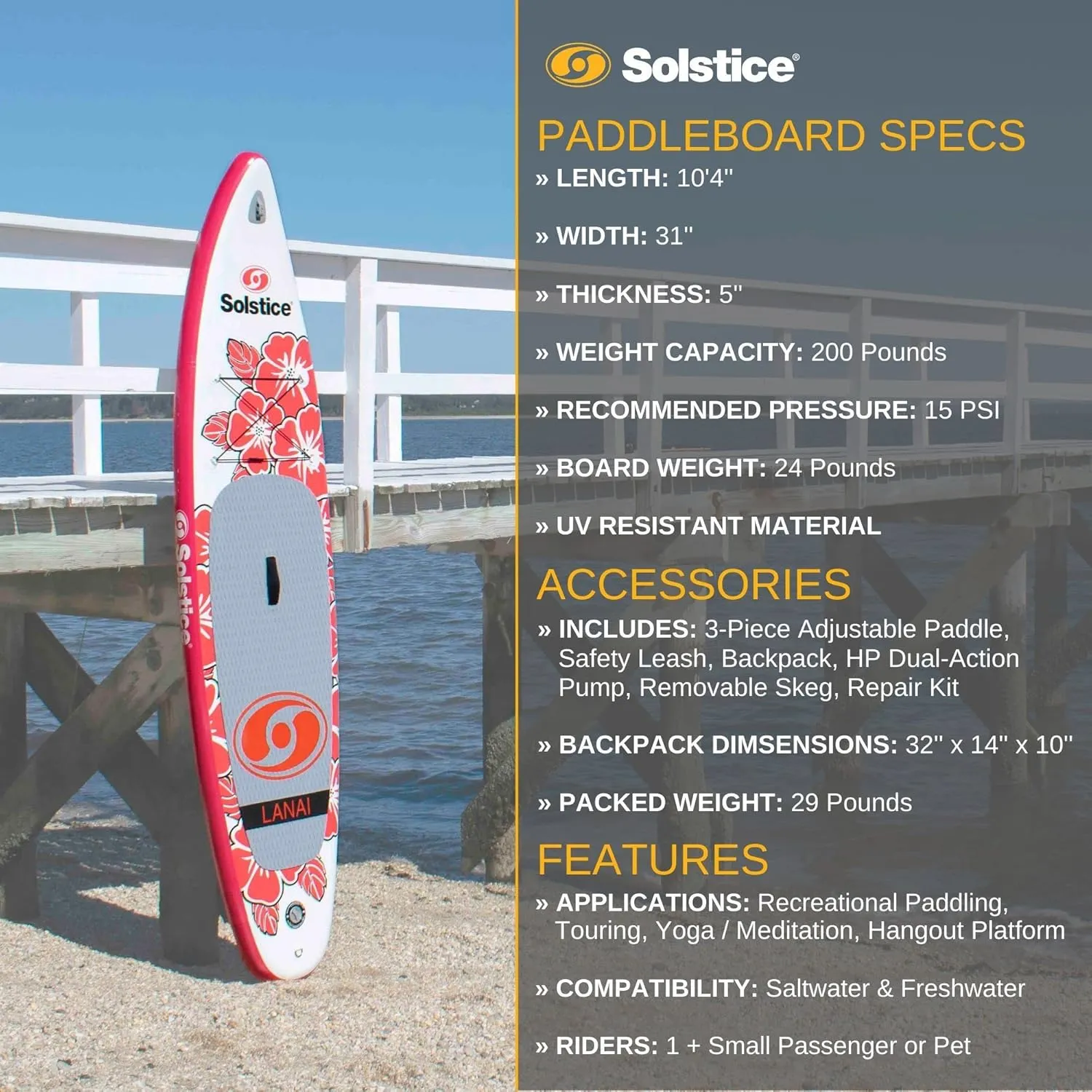 Solstice Watersports Lanai Inflatable Stand-Up Paddle Board (10'4 x 31'' x 5'')