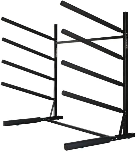 SPAREHAND 4-Tier Paddle Board Storage Rack  Heavy Duty Aluminum Freestanding SUP Organizer with Bonus Base Storage  Easy Push-Pin Cradle Arm Assembly  Ideal for Outdoor & Garage Display (Black)