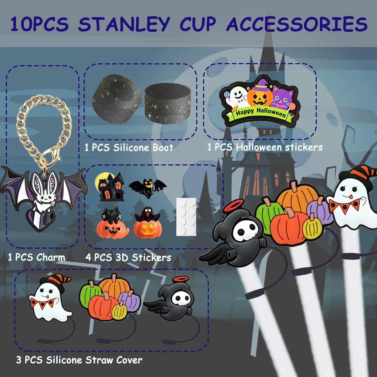 Stanley Cup Accessories Set,Including 3 Pcs 0.4in Halloween Straw Cover, 5 Pcs Halloween 3D&Flat Stickers, 1 Pcs Handle Charm, 1 Silicone Boot Fits Stanley 40&30 Oz Tumbler (Glitter Black)