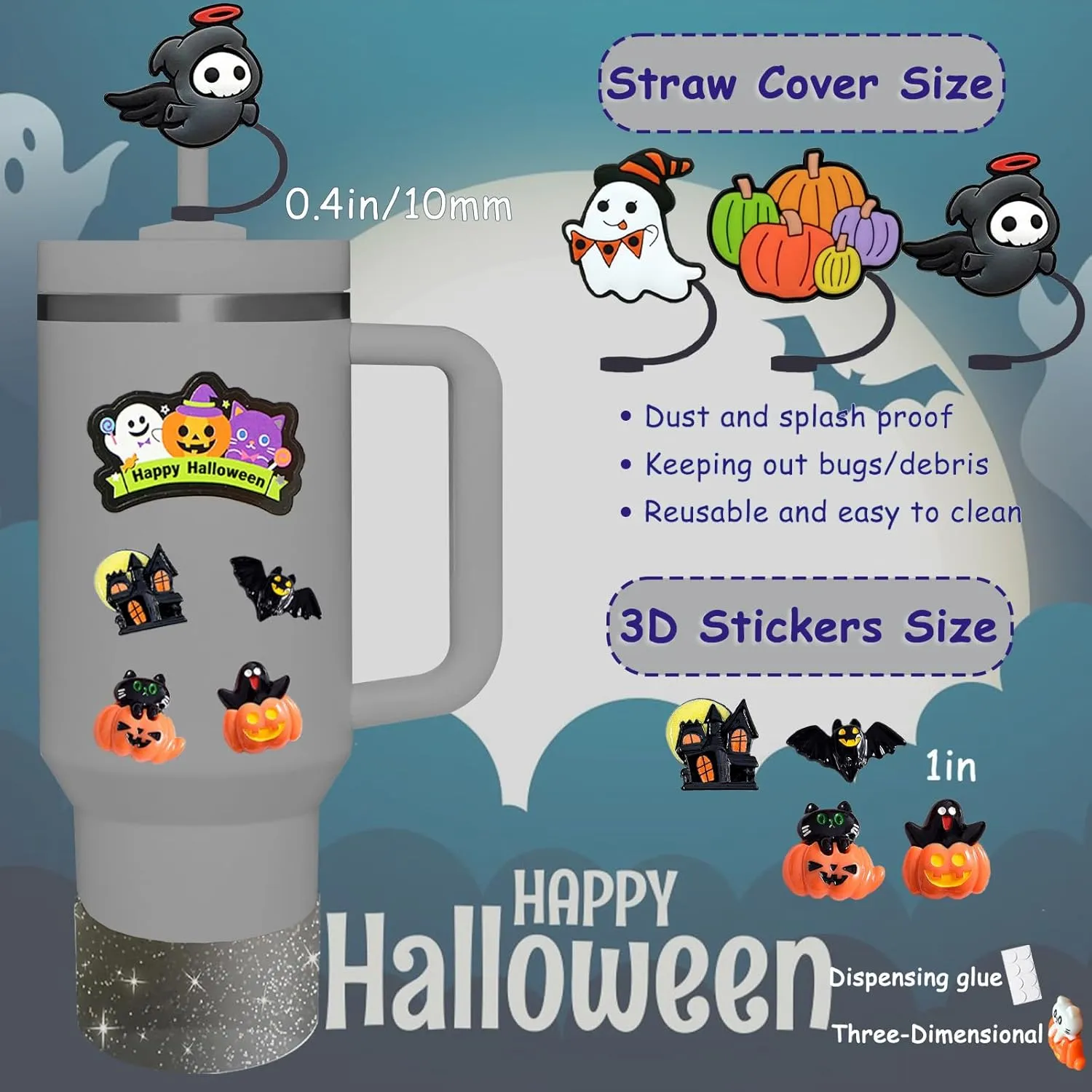 Stanley Cup Accessories Set,Including 3 Pcs 0.4in Halloween Straw Cover, 5 Pcs Halloween 3D&Flat Stickers, 1 Pcs Handle Charm, 1 Silicone Boot Fits Stanley 40&30 Oz Tumbler (Glitter Black)