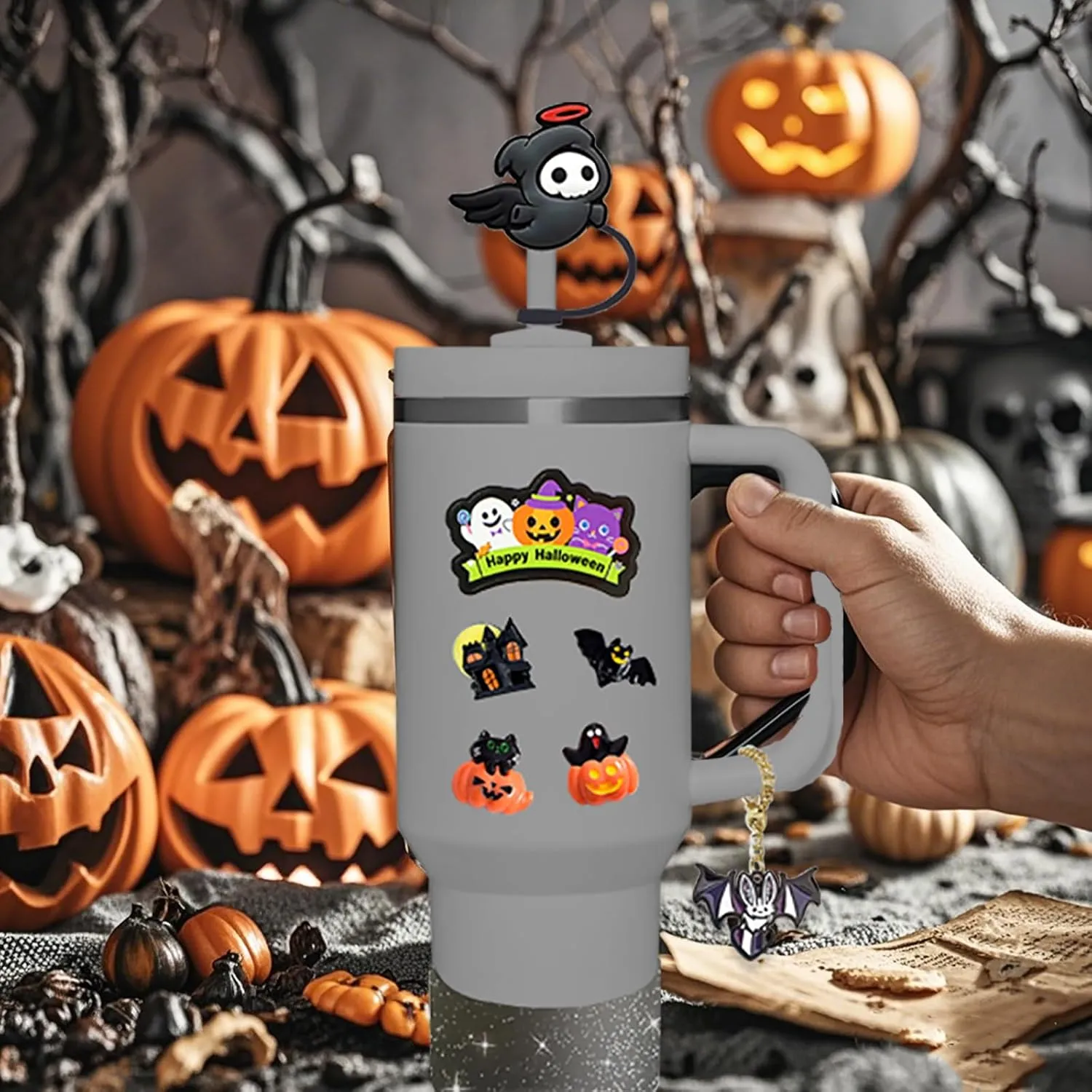 Stanley Cup Accessories Set,Including 3 Pcs 0.4in Halloween Straw Cover, 5 Pcs Halloween 3D&Flat Stickers, 1 Pcs Handle Charm, 1 Silicone Boot Fits Stanley 40&30 Oz Tumbler (Glitter Black)