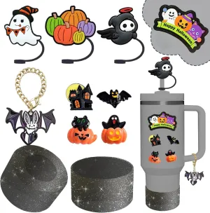 Stanley Cup Accessories Set,Including 3 Pcs 0.4in Halloween Straw Cover, 5 Pcs Halloween 3D&Flat Stickers, 1 Pcs Handle Charm, 1 Silicone Boot Fits Stanley 40&30 Oz Tumbler (Glitter Black)