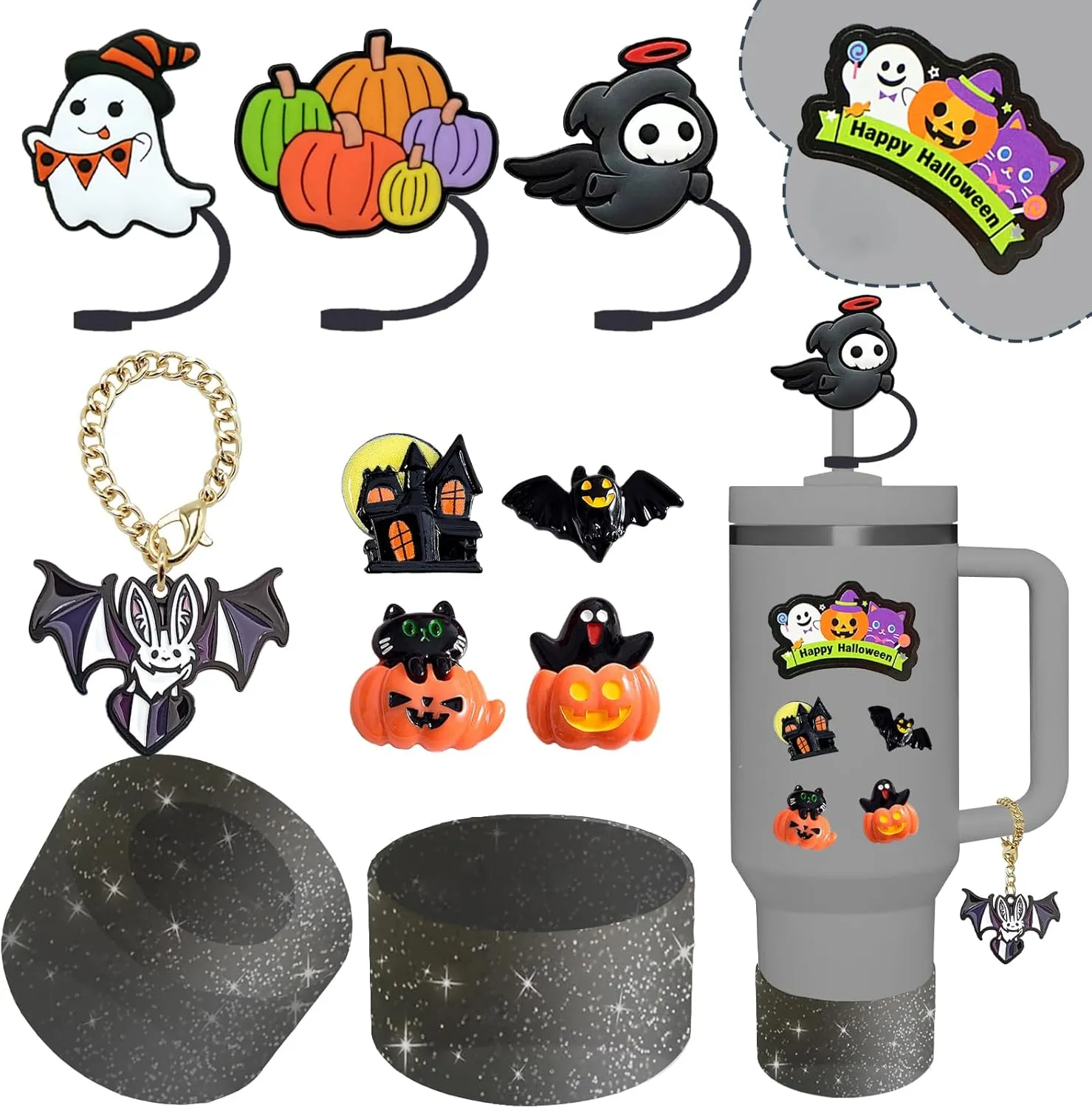 Stanley Cup Accessories Set,Including 3 Pcs 0.4in Halloween Straw Cover, 5 Pcs Halloween 3D&Flat Stickers, 1 Pcs Handle Charm, 1 Silicone Boot Fits Stanley 40&30 Oz Tumbler (Glitter Black)