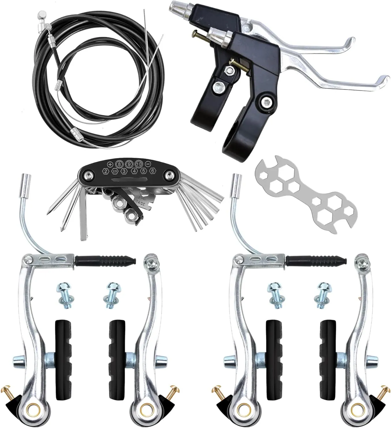 V-Type Bike Brake Set, Complete Universal Bike Front and Rear MTB Brake, Bicycle Brakes, Inner and Outer Cables, Include Brakes Lever Calipers Multi-Tool Wrenches