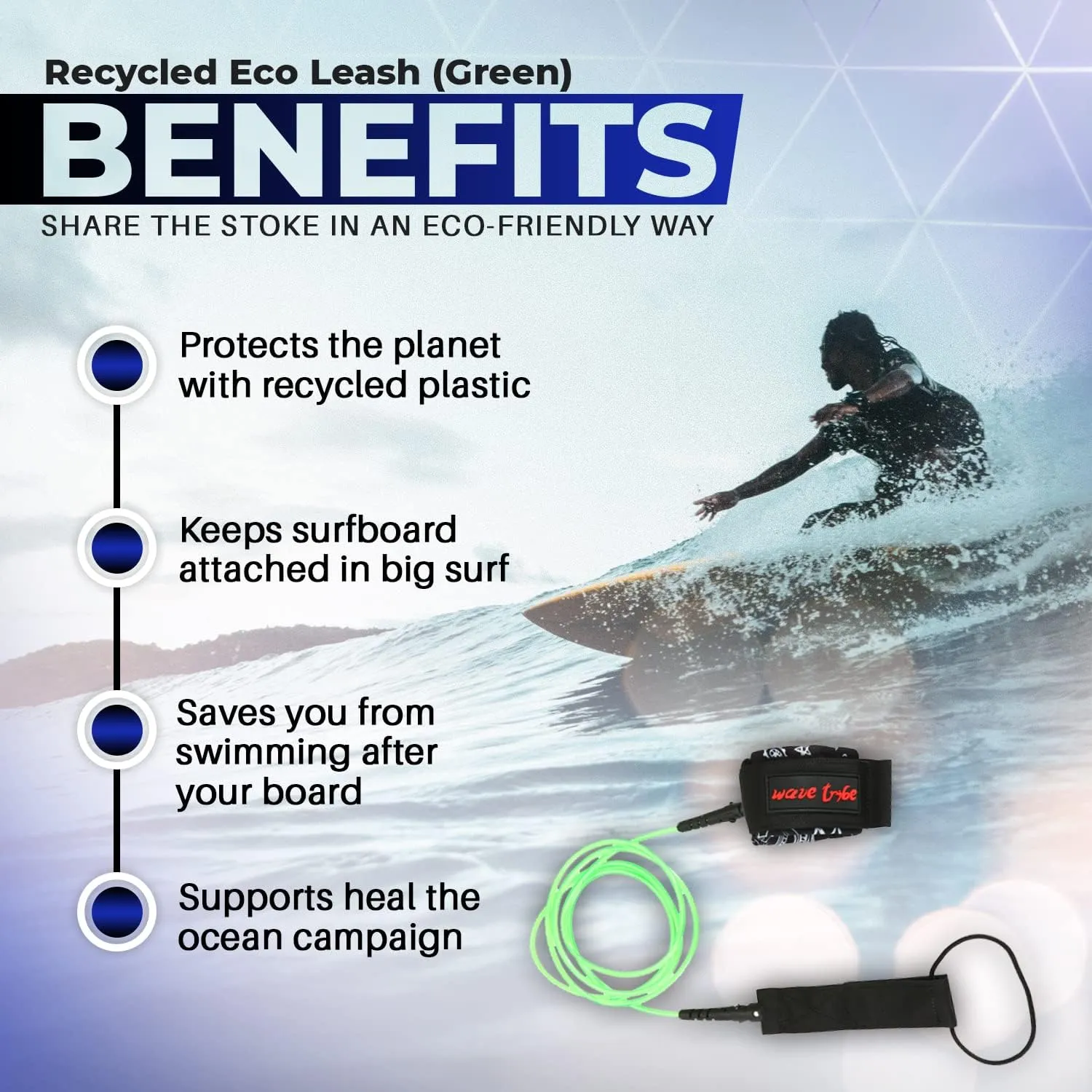 Wave Tribe Eco Surfboard Leash - Premium Surf Leash, Strong Like Bull Leash with Double Stainless Steel Swivels, Triple Rail Saver, Key Pocket (Black and Green)