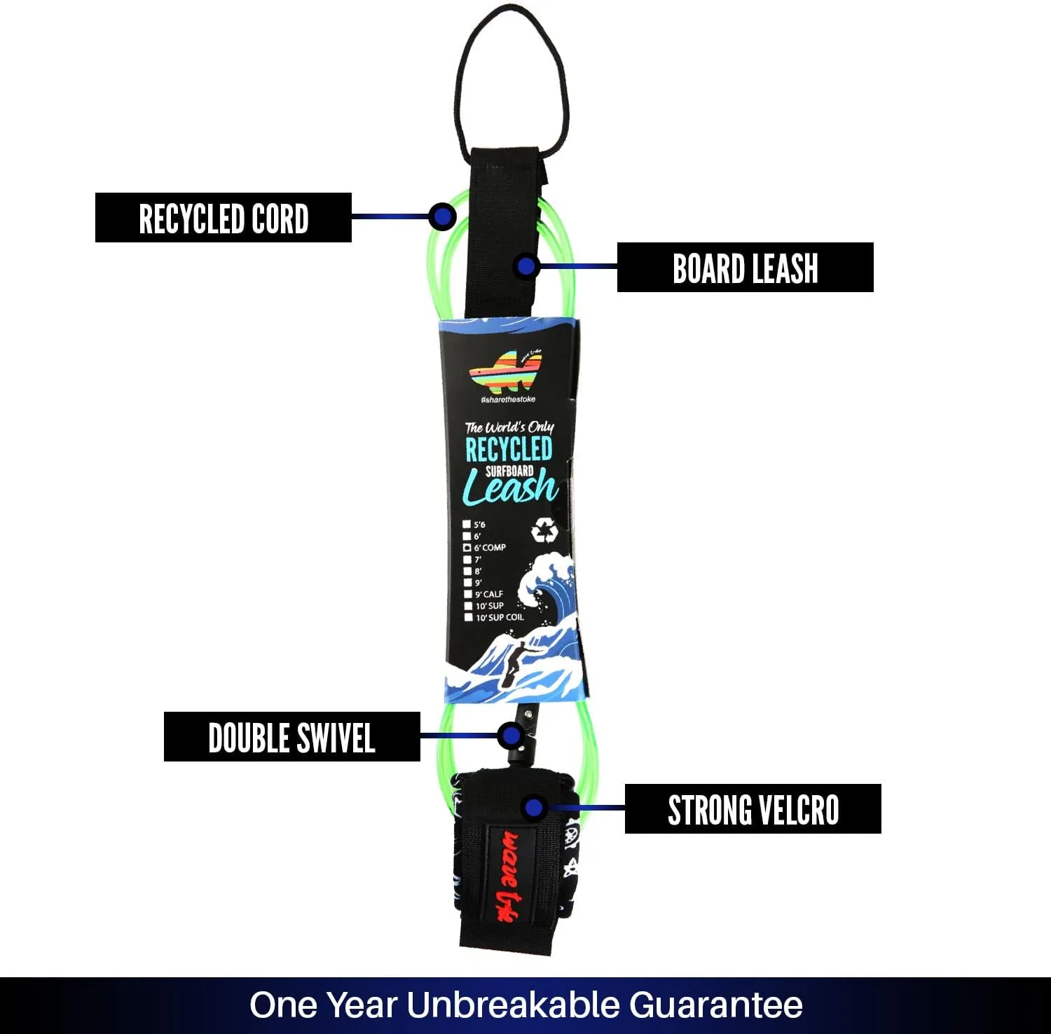 Wave Tribe Eco Surfboard Leash - Premium Surf Leash, Strong Like Bull Leash with Double Stainless Steel Swivels, Triple Rail Saver, Key Pocket (Black and Green)