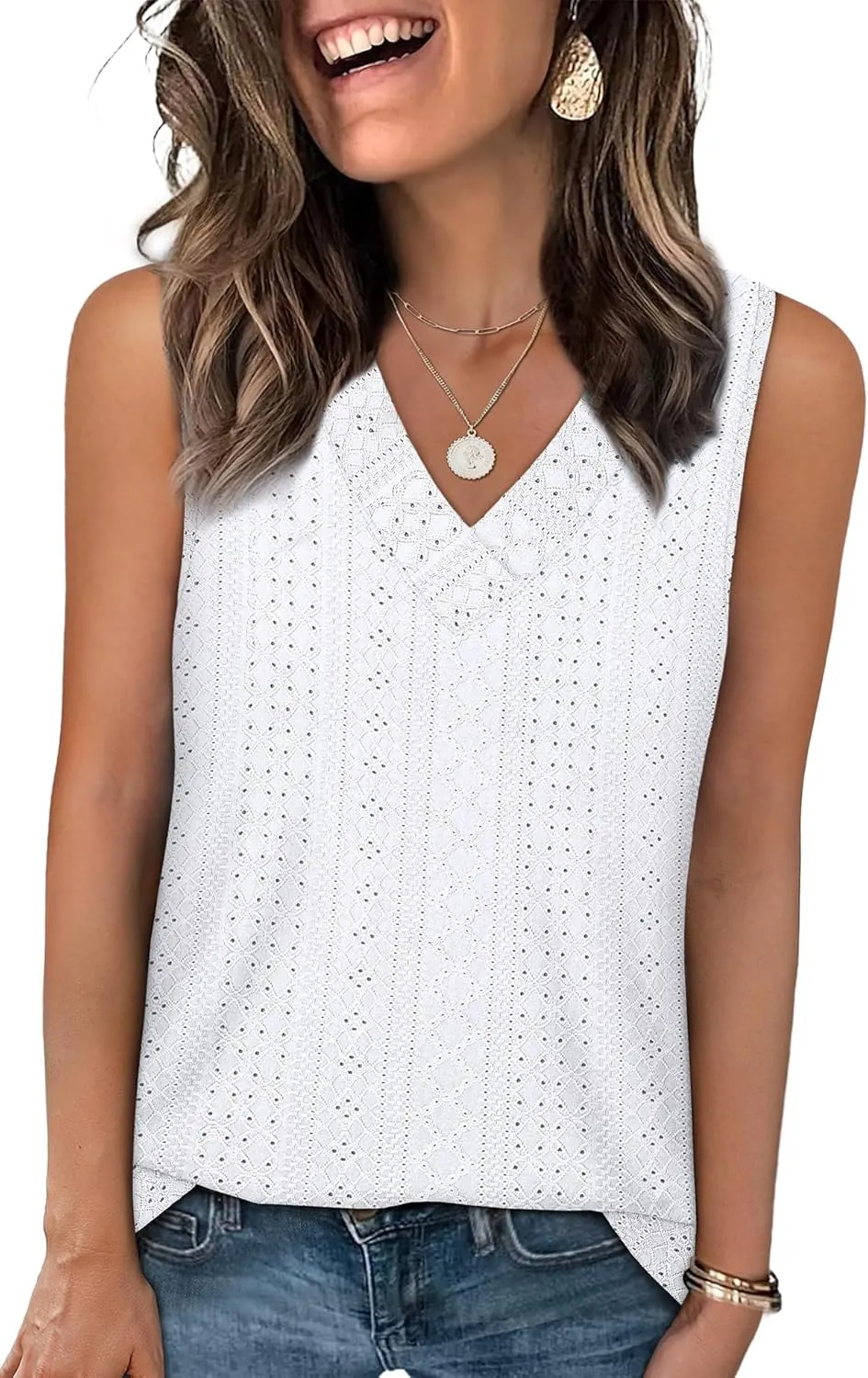 WIHOLL Tank Top for Women Summer Outfits V Neck T Shirts Trendy Eyelet Sleeveless Basic Beach Vacation Clothes