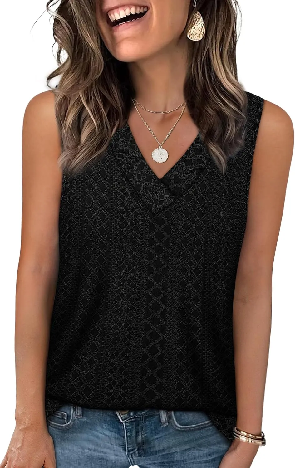 WIHOLL Tank Top for Women Summer Outfits V Neck T Shirts Trendy Eyelet Sleeveless Basic Beach Vacation Clothes