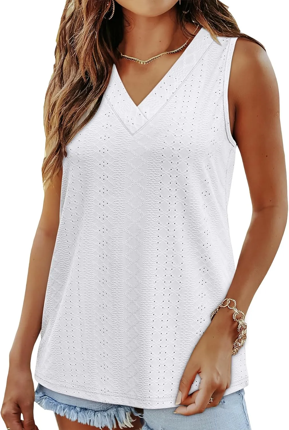 WIHOLL Tank Top for Women Summer Outfits V Neck T Shirts Trendy Eyelet Sleeveless Basic Beach Vacation Clothes