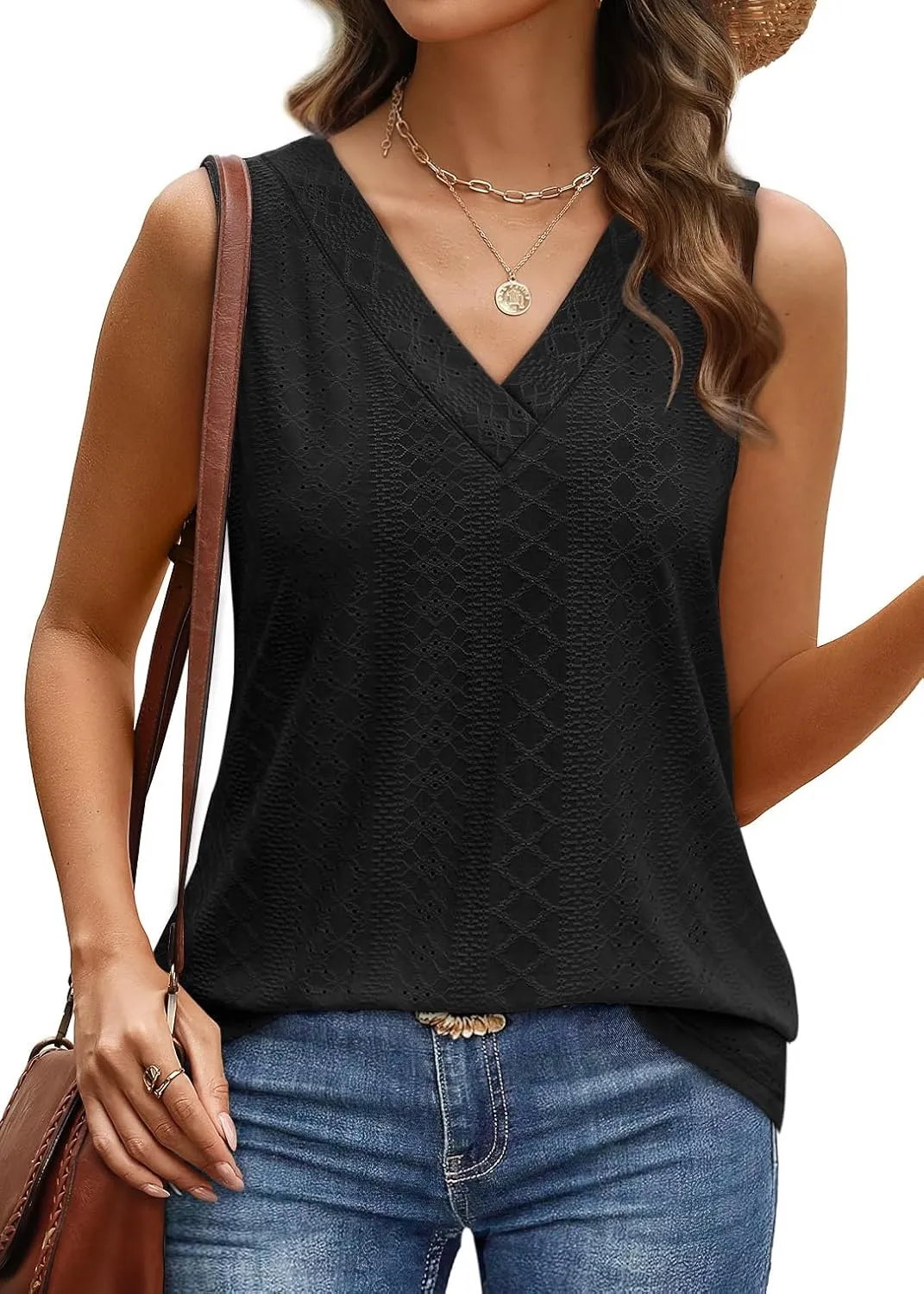WIHOLL Tank Top for Women Summer Outfits V Neck T Shirts Trendy Eyelet Sleeveless Basic Beach Vacation Clothes