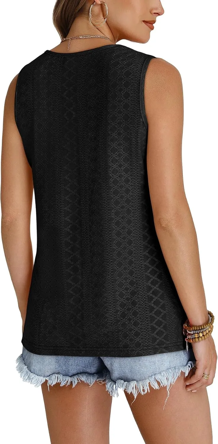 WIHOLL Tank Top for Women Summer Outfits V Neck T Shirts Trendy Eyelet Sleeveless Basic Beach Vacation Clothes