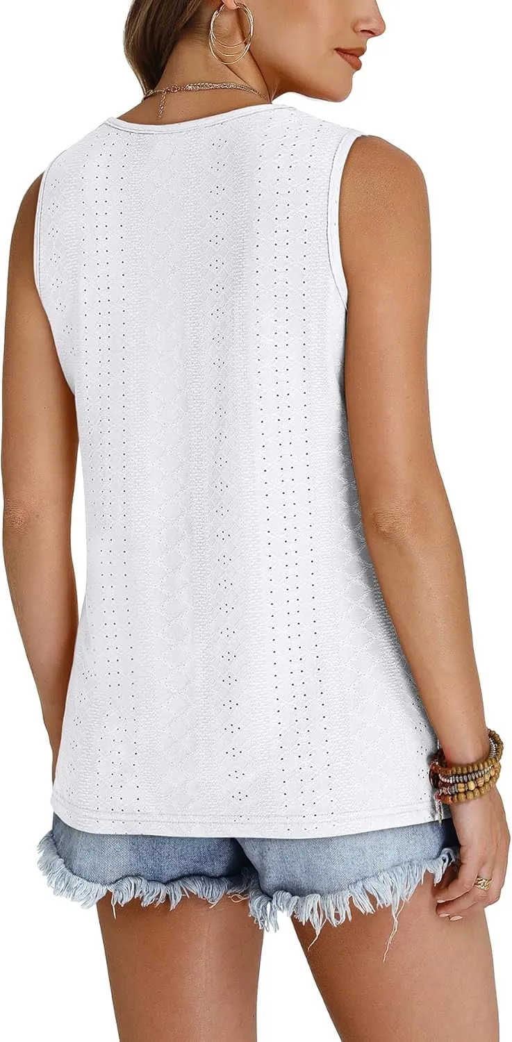 WIHOLL Tank Top for Women Summer Outfits V Neck T Shirts Trendy Eyelet Sleeveless Basic Beach Vacation Clothes