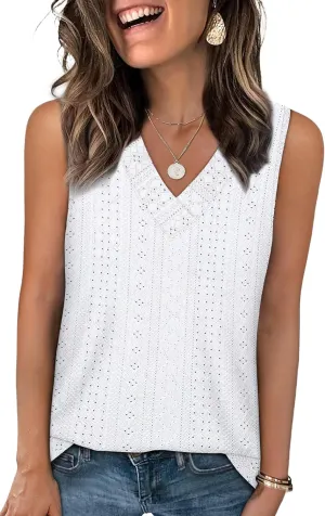 WIHOLL Tank Top for Women Summer Outfits V Neck T Shirts Trendy Eyelet Sleeveless Basic Beach Vacation Clothes
